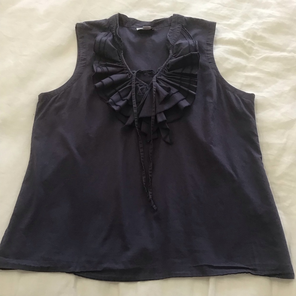 Ann Taylor Loft Navy Blue Cotton Ruffled Front Tank w/Tie, Size L